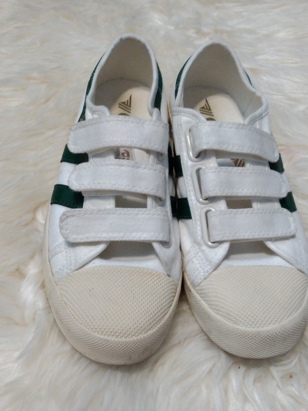 Gola Kids White Sneakers with Green Stripes and Triple Velcro